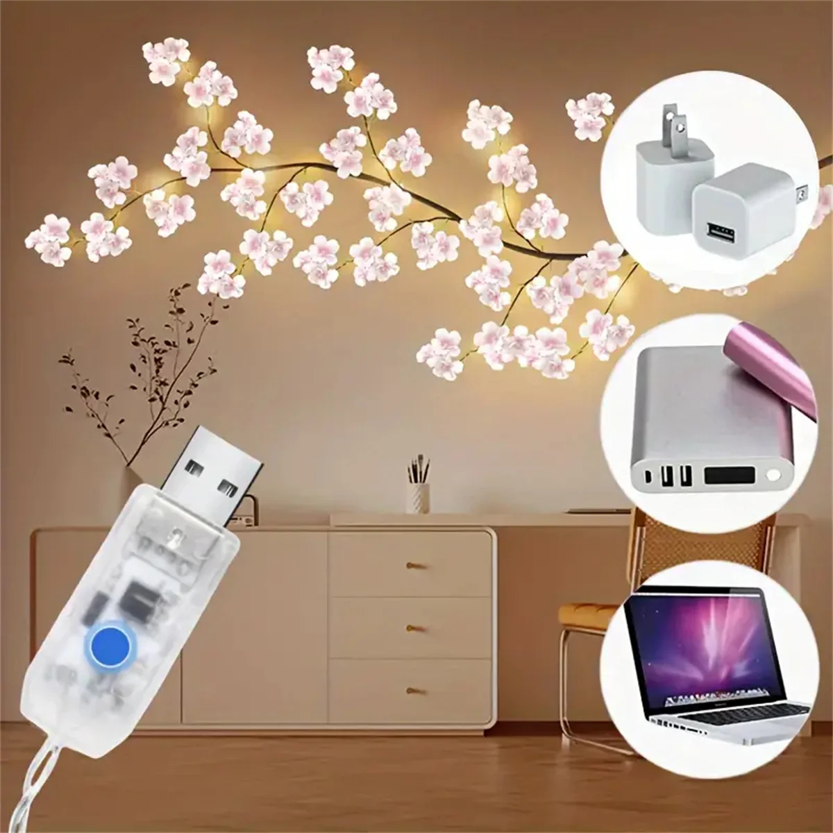 Cherry Blossom 96 Led USB Tree Branch Rattan Lights 8 Modes Colorful String Lamp Valentine Christmas Wedding Bedroom Decoration-5