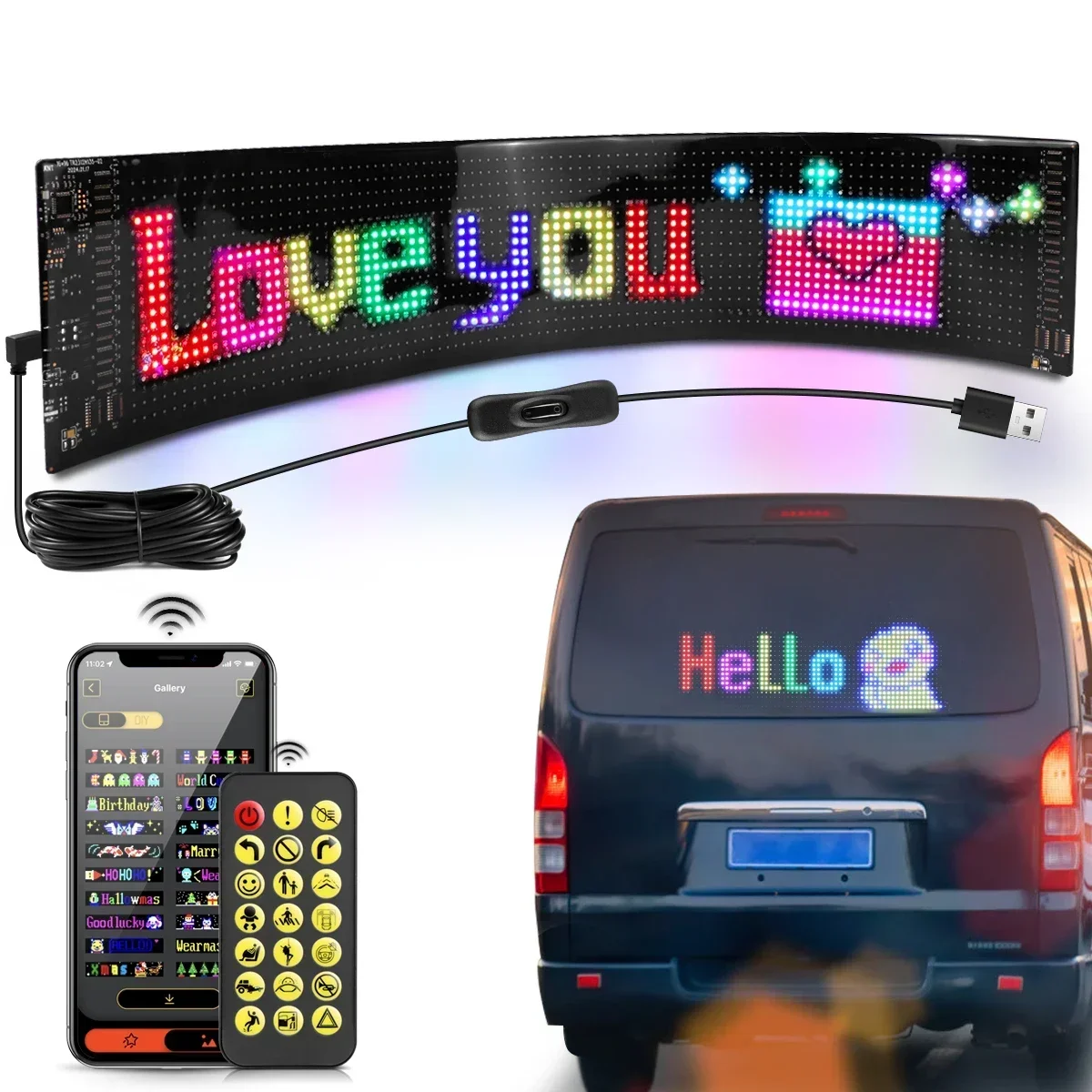LED Sign Car Scrolling Advertising USB 5V Bluetooth App Control Logo Light Custom Text Pattern Animation Programmable Display-2