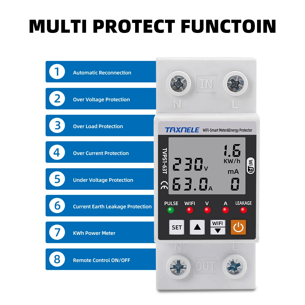 63A TUYA  WiFi Smart Earth Leakage Over Under Voltage Protector Relay Device Switch Breaker Energy Power kWh Meter Smart Life-3