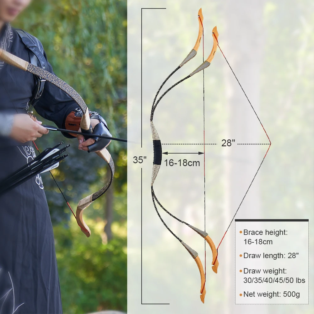 Toparchery-Wooden Laminated Recurve Bow for Outdoor Shooting Practice, Hunting Sports, 30-50lbs, 53inch-3