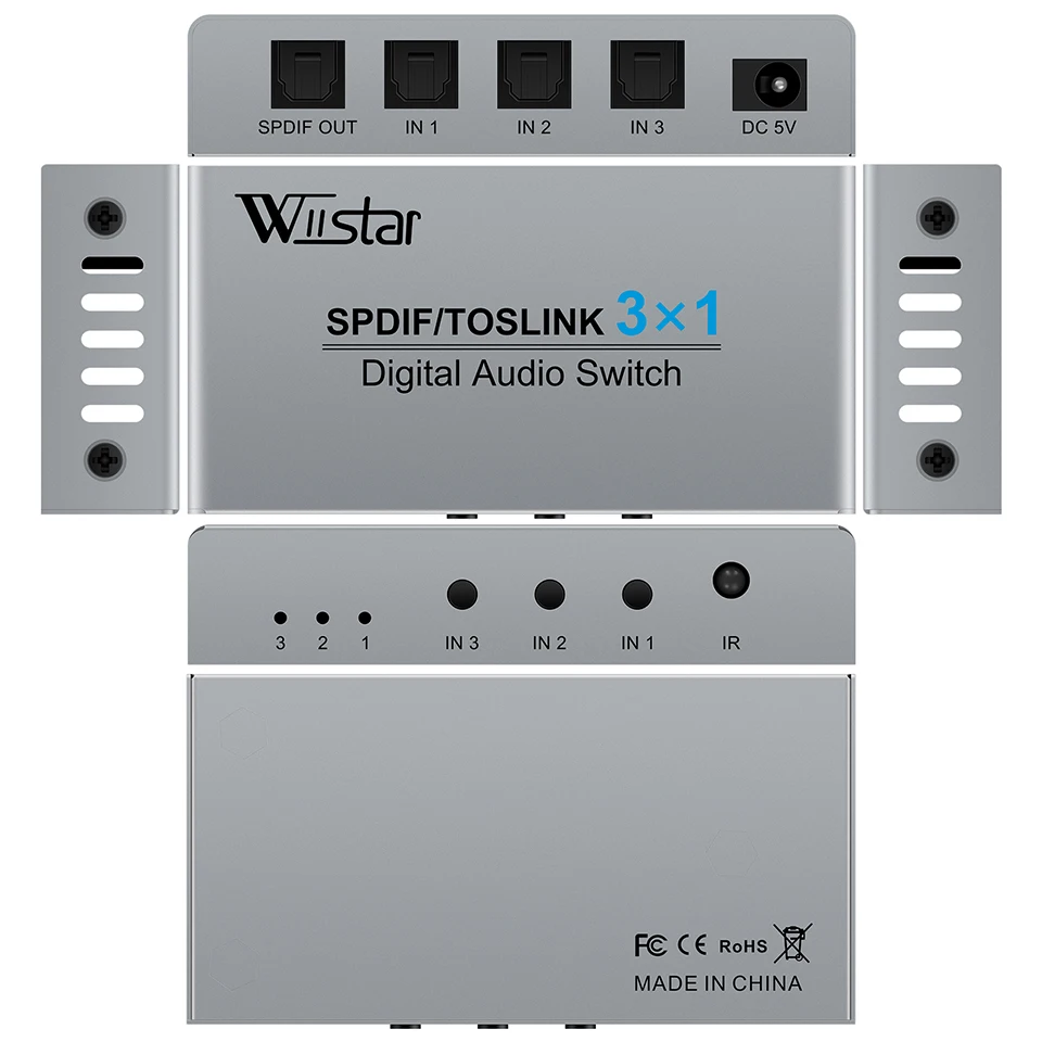 Wiistar 3 Port Optical Switcher with 3 way Spdif Toslink Optical Digital Audio Splitter 3 In 1 Out With IR Remote Control-2