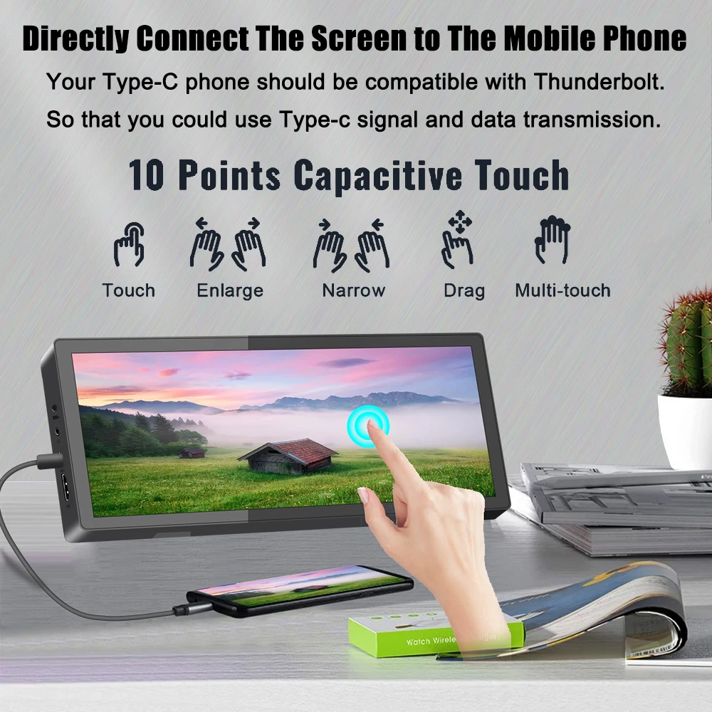 10.3 inch TouchScreen Monitor 1920x720 IPS Display LCD Bar Computer Temp Display Extender Monitor-5