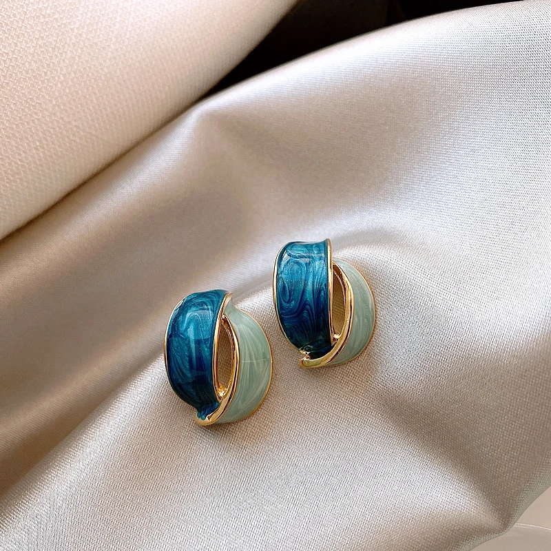 Korean Double Arc Cross Enamel Stud Earring for Women Personality Contrast Color Blue Geometric Earring Jewelry Party Pendientes-2