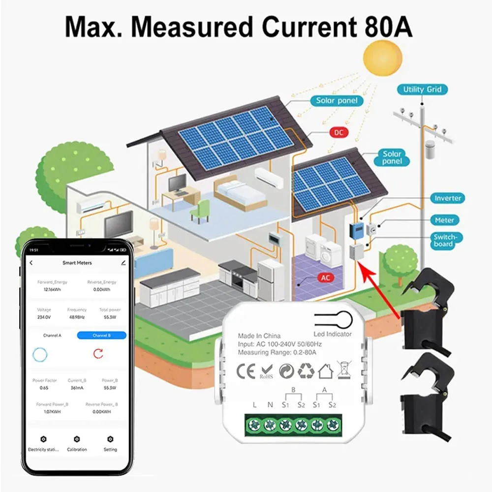Tuya WIFI Smart Energy Meter Solar PV System Power Production Consumption Bidirectional Monitoring Meter APP Control with CT-6