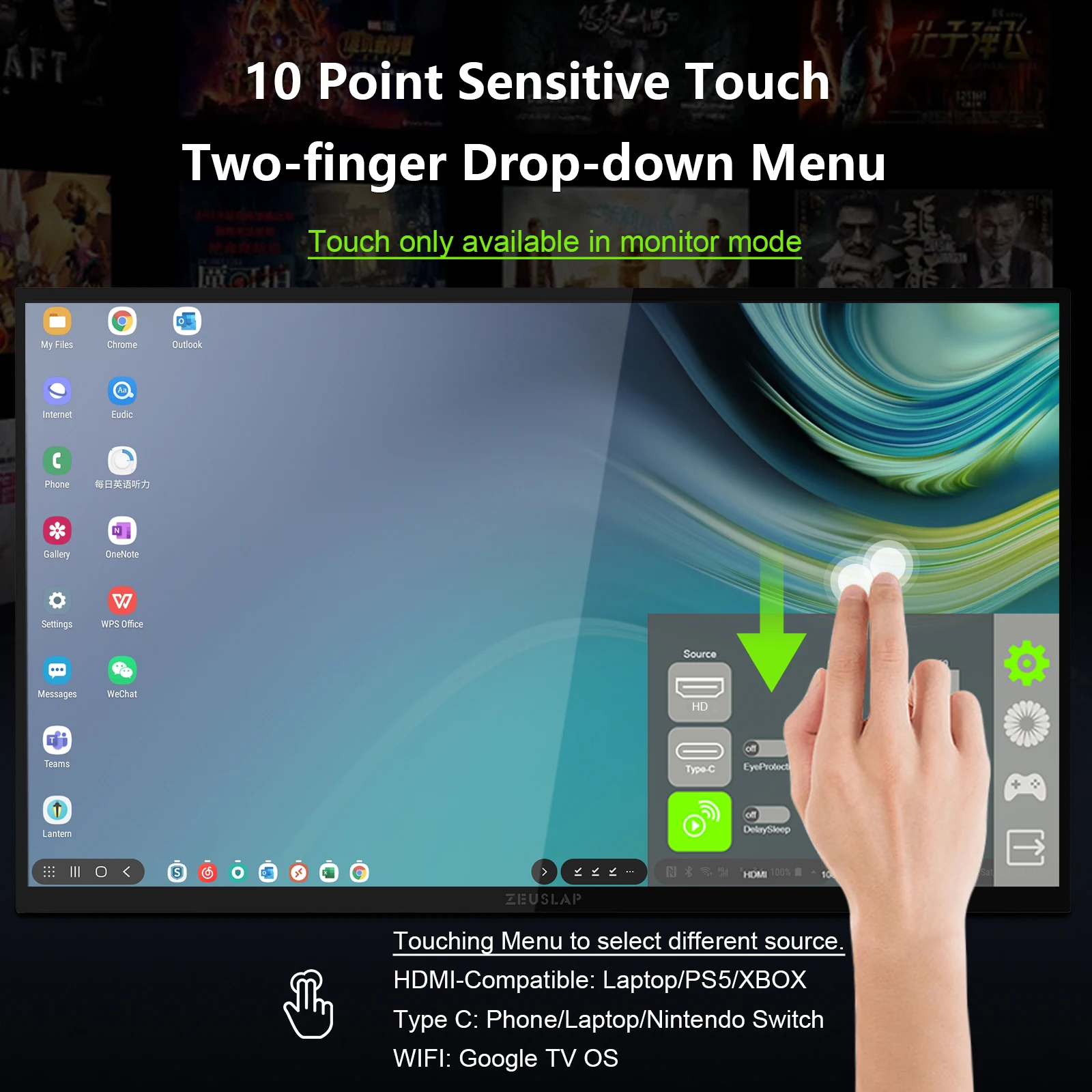 Zeuslap 18.5 inch Smart TV Portable Touch Screen Monitor with Google TV For Mini PC Laptop Phone Xbox PS4 PS5 Switch-3