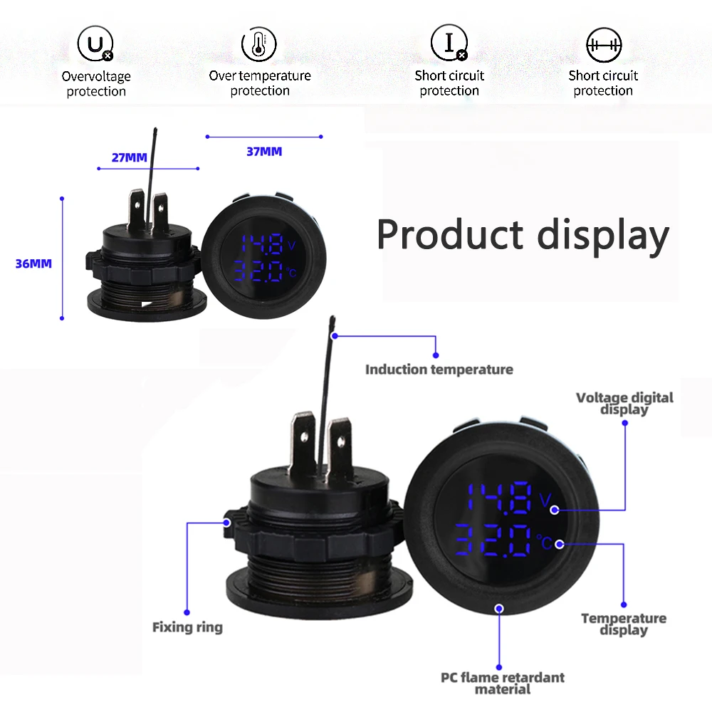 Car Round Temperature Voltmeter 12-24V Auto Voltage Meter Display Digital Measurement for Car Motorcycle Boat Thermometer-6