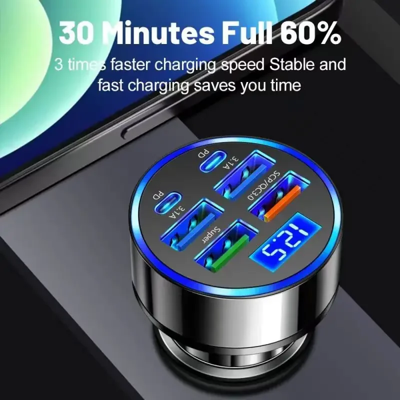 UYUXIO 6 in 1 USB C Car Phone Charger Adapter with Voltage Display Dual PD Super Fast for iPhone 15 Pro max OPPO Samsung Huawei-3