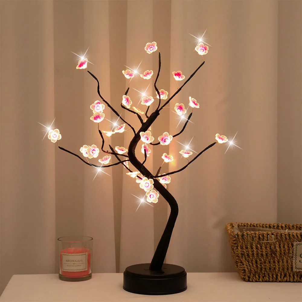 Home Decoration USB/Battery Powered Touch Switch Warm White Artificial Bonsai Cherry Blossom Desktop Tree LED Lamp Light-2