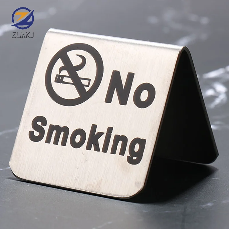 5*5cm Mini Stainless Steel No Smoking Sign Double-sided Desktop Warning Signage Restaurant Hotel Office Desktop Decoration