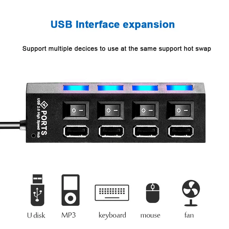 USB 2.0 Hub Multi USB Splitter Ports Hub Use Power Adapter 4/ 7 Port Multiple Expander Hub with Switch 30CM Cable For Home-6