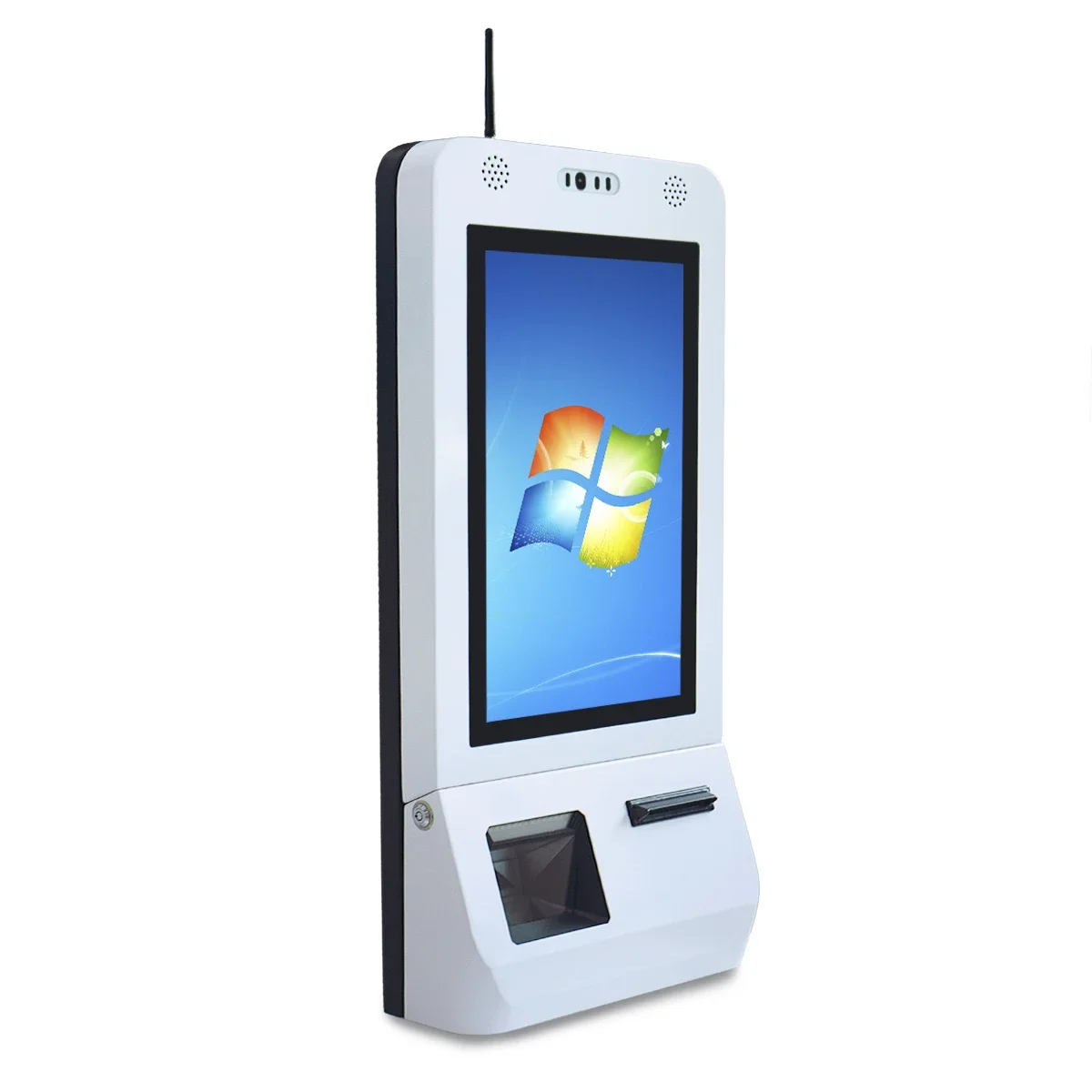 customized desktop or floor standing 21.5 inch touch self service kiosk with POS terminal holder barcode qr code scanner