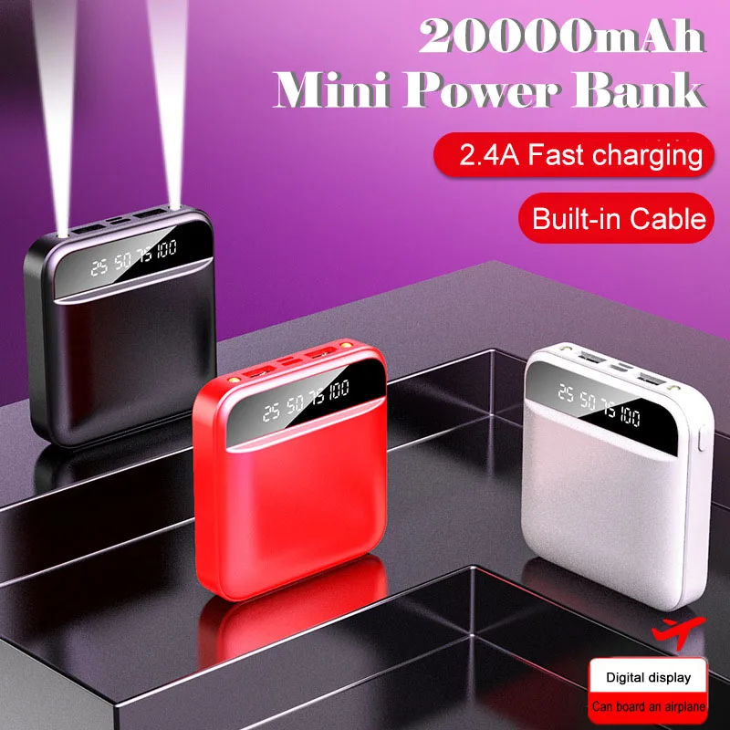 Mini 20000/10000mAh Fast Charging Power Display Built-in Cable dual LED Lighting Portable Power Bank For iPhone Samsung Xiaomi