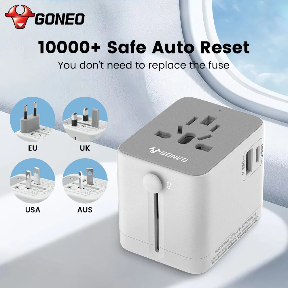 GONEO Auto-Reset Universal Travel Adapter with PD USB-C International Plug Adaptor for EU UK USA Thailand Japan Ireland AUS