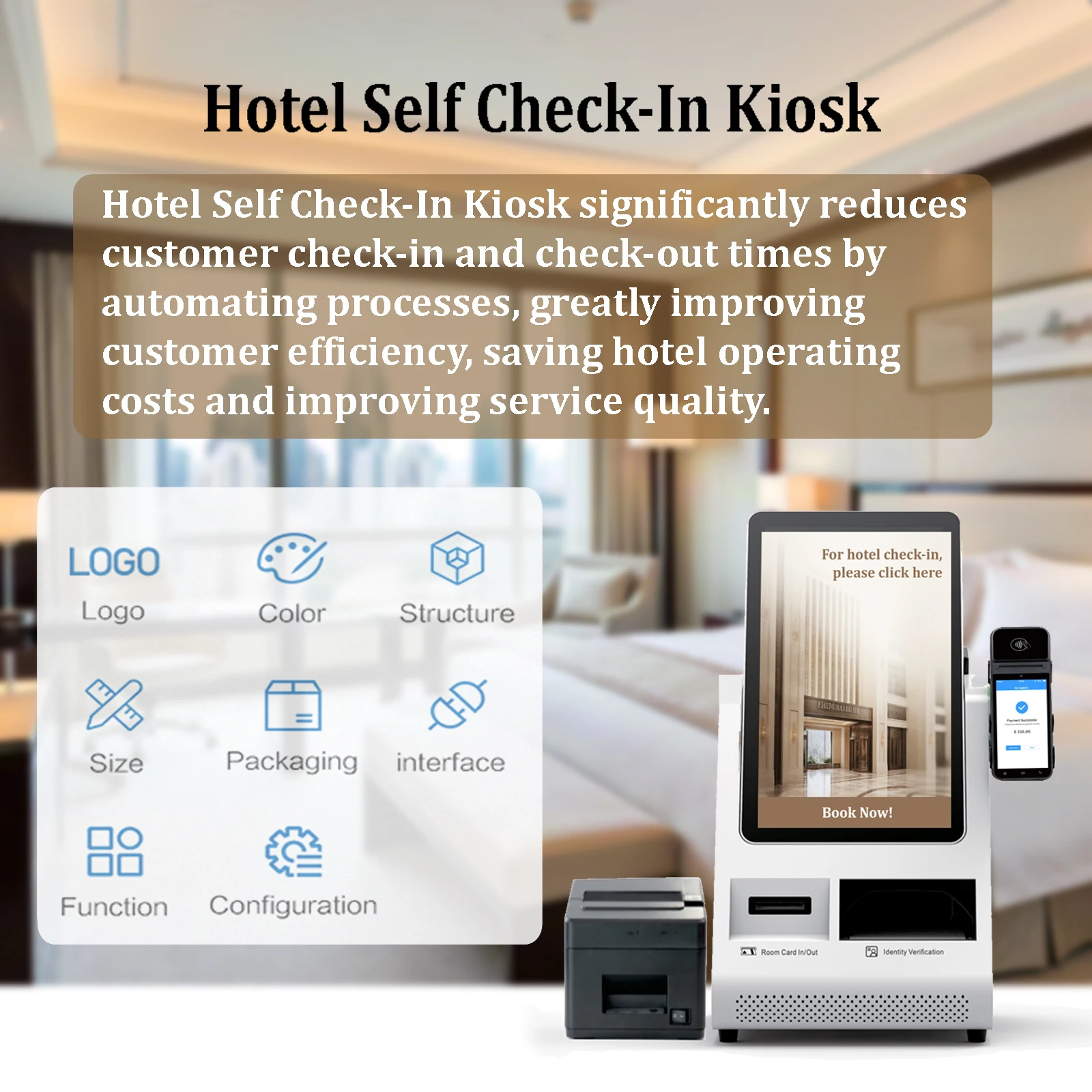 Hotel Desktop Self Check in Kiosk Android Pos Payment Kiosk Touch Screen Self Service Kiosk With Passport Scanner Card Dispenser-5