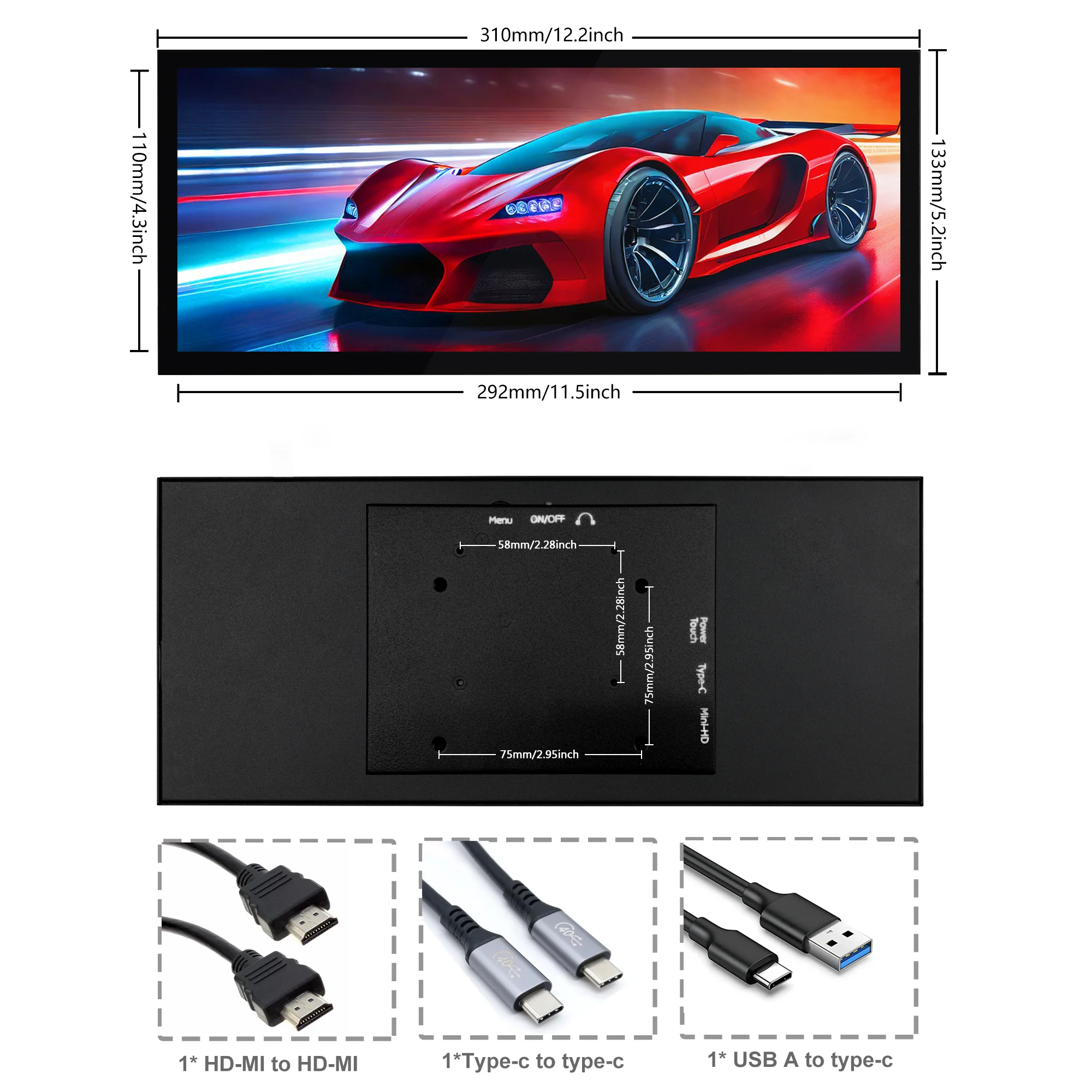 Wisecoco 12.3'' Touch Monitor Display IPS 1920x720 Portable Gaming Monitor for Raspberry Pi 5 4 3 Laptop PC GPU CPU Monitoring-6