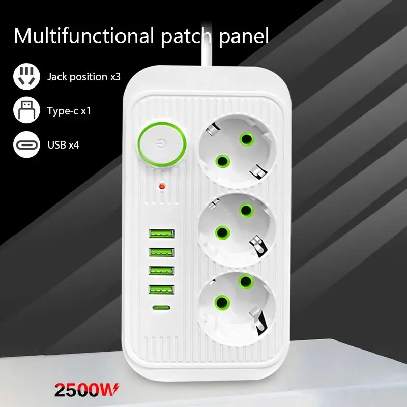 EU Plug Power Strip 2M Extension Cable Multiprise 3AC Outlets Electrical Socket with 4 USB 1 Type C Network Filter Fast Charging-3