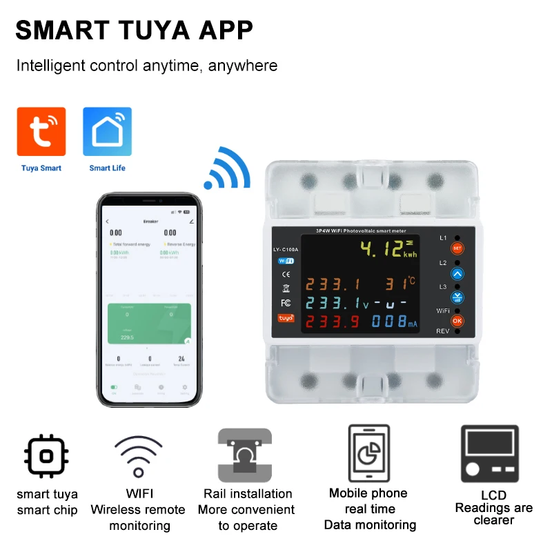 Tuya WiFi 4P 100A Three Phase Energy Meter  Bi-Directional Auto-Reclosing Relay for Smart Life-3