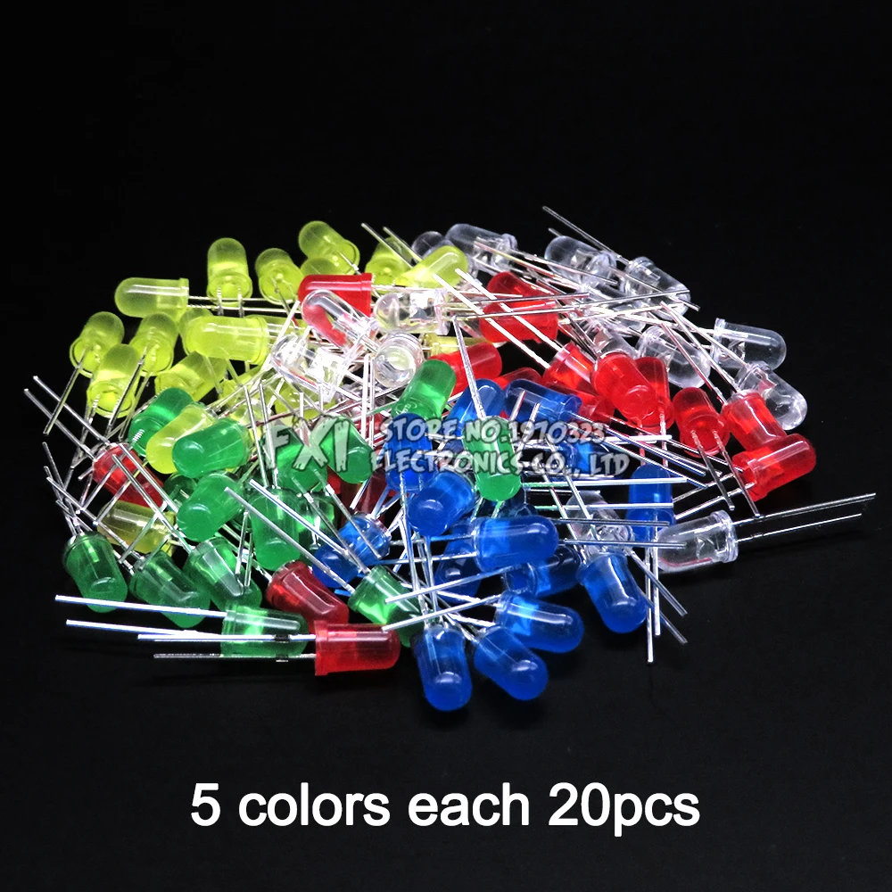 100PCS F5 LED Diode 5MM Assorted Kit White Green Red Blue Yellow Orange Pink Purple Warm White DIY kit Light Emitting Diode bxv-5