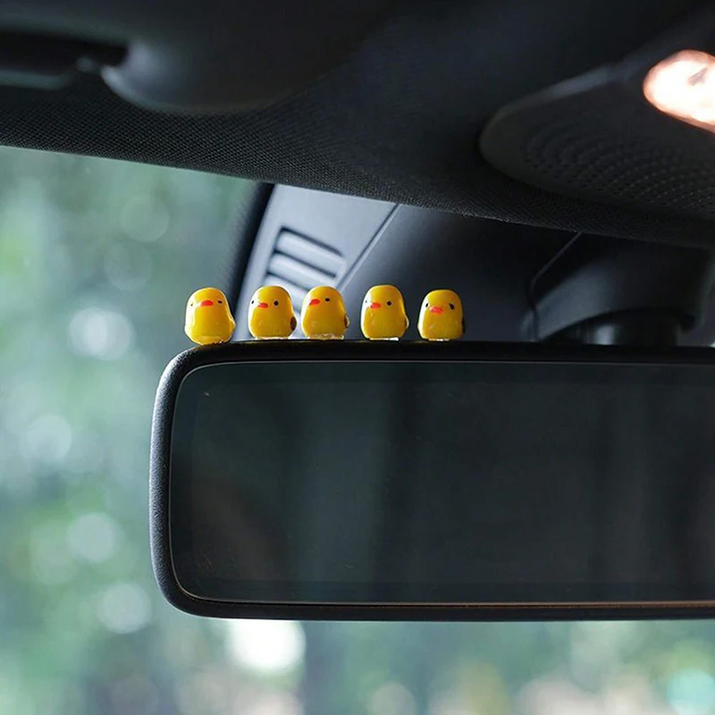 5PC Car interior decoration accessories, cute female cartoon figurines, rear mirror, air outlet, mini yellow chicken-2
