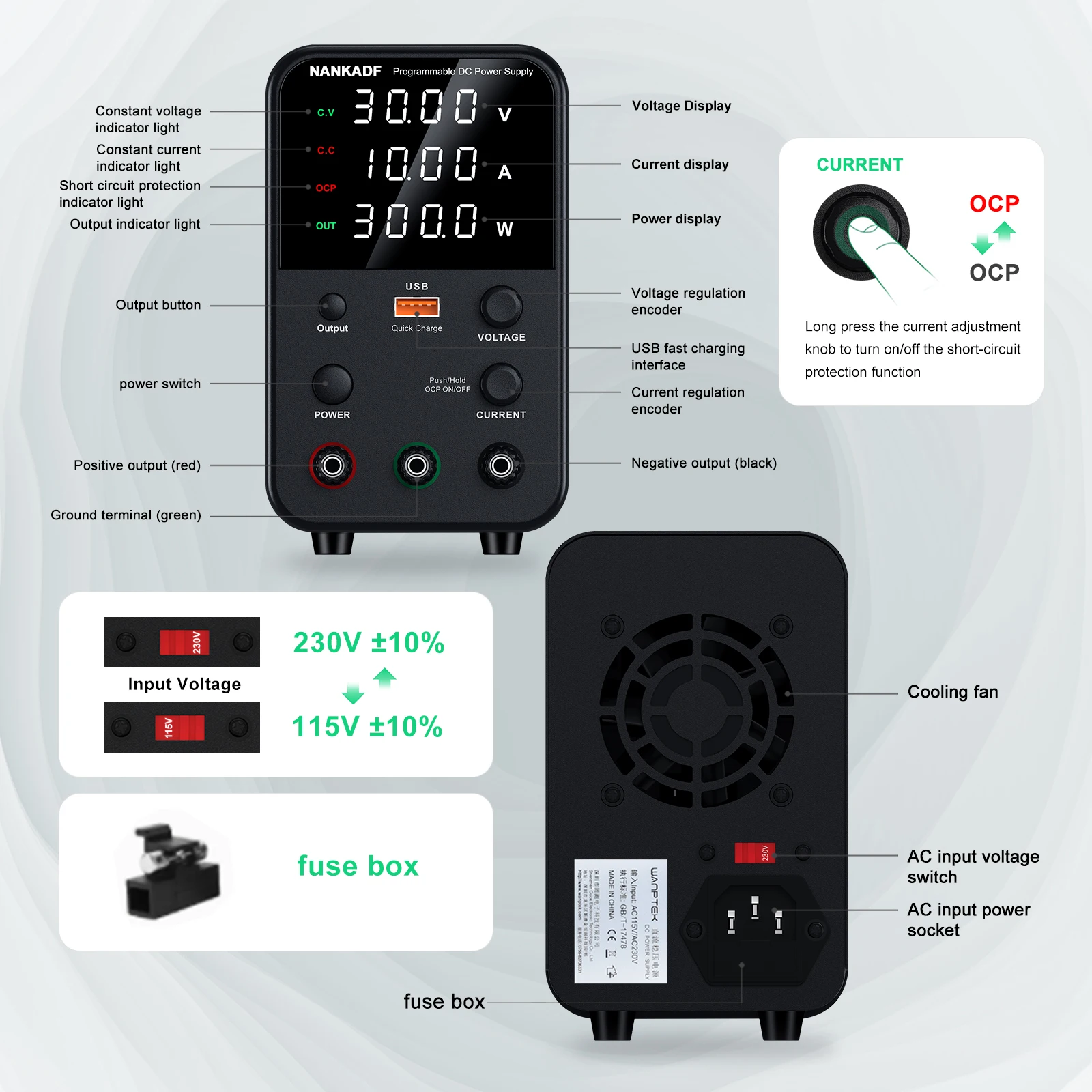 DC lab power supply 30V 10A adjustable power supply with 5V 2A USB charging display regulator, used for telephone maintenance-5
