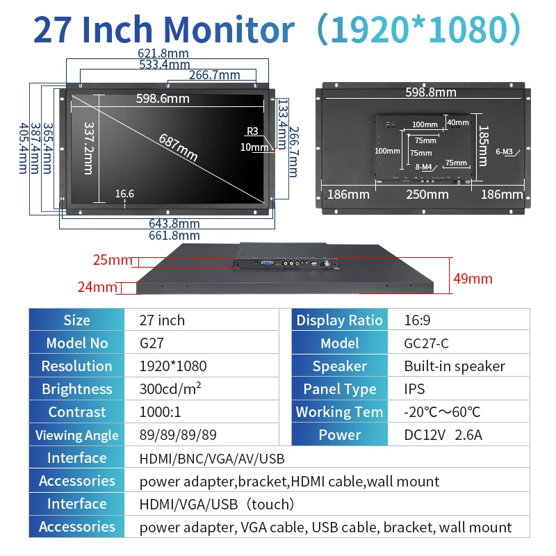 Zhixianda 27 Inch 1920*1080 Open Frame Industrial Monitor Capacitive Touch Screen Display With BNC VGA AV HDMI USB Interface-4