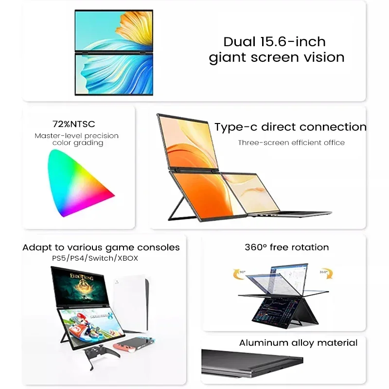 2025 15.6 Dual Screen 1920*1080P 60Hz Touch/Non-Touch Portable Monitor IPS Low Blue Light Eye Protection 360° Folding Drive-free-2