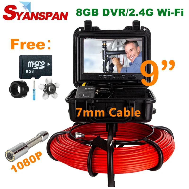 9" HD 8GB DVR/WiFi  Pipe Inspection Camera 10-100M 1080P 7mm Dia Cable SYANSPAN Pipeline Industrial Sewer Endoscope Camera  IP68