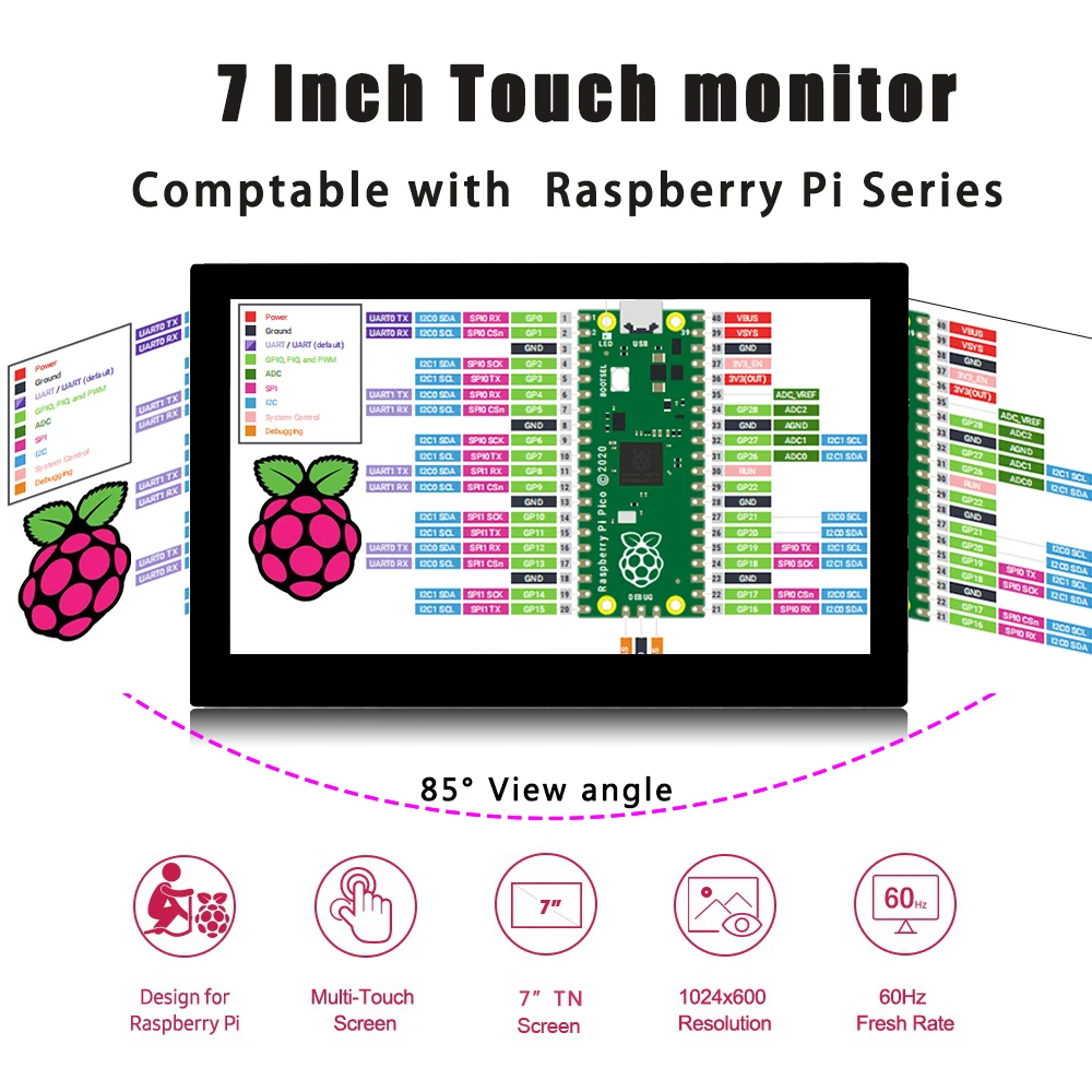7 Inch Touch Screen 1024x600 Portable Monitor HDMI-Compatible For Laptop Xbox Switch Raspberry Pi Series Display With Stand-2
