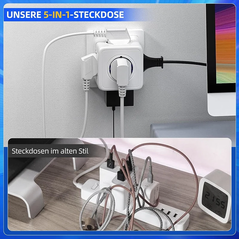 MASSFA EU Plug 5 AC Outlet Multitap Power Strip Extension Electrical Socket Smart for Home Office Surge Protector Network Filter-3