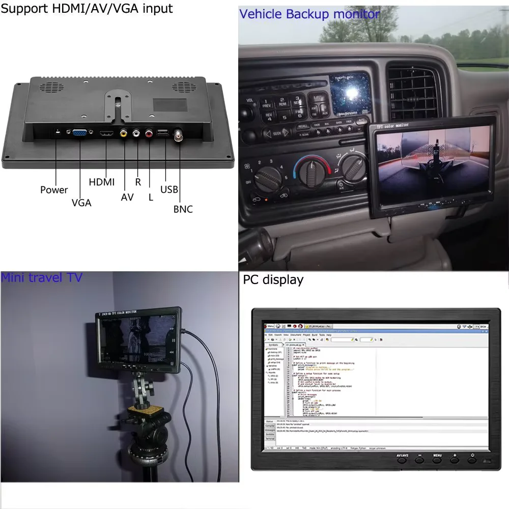 Podofo 10.1 Portable Monitor Mini TV Computer LCD HD Screen Video Input Security Car Monitor VGA HDMI AVI Pi System-4