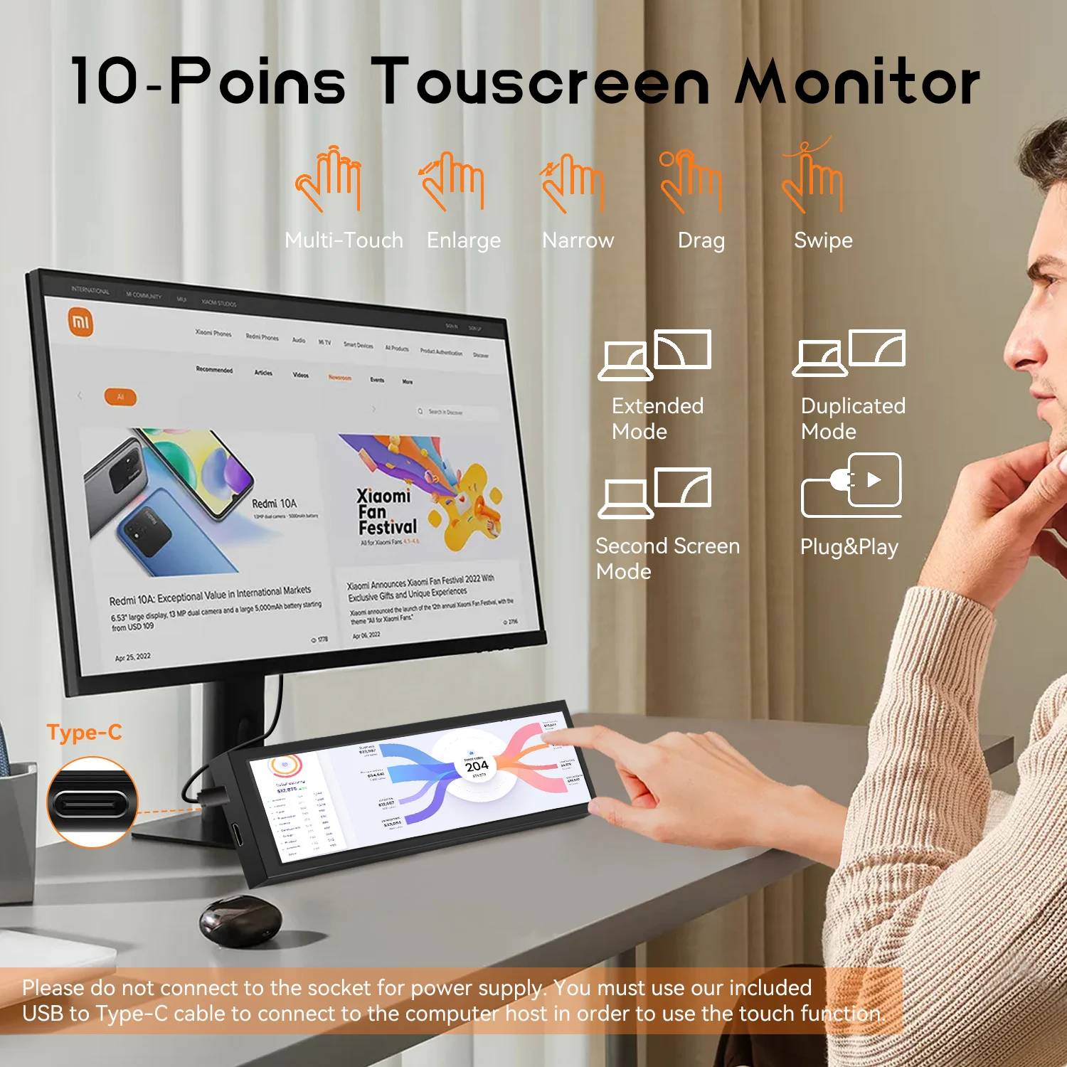 8.8 inch HDMI Touch Long Wide Monitor With Case PC Temperature Display PC Sensor Panel Display Small Extender Monitor-3
