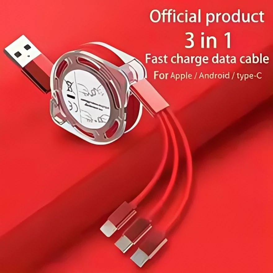 3-in-1 Telescopic USB Fast Charging Cable for iPhone 15/Samsung S23/Huawei, Type-C & Android Phone, 3A Nylon-Braided Durable Cha-4