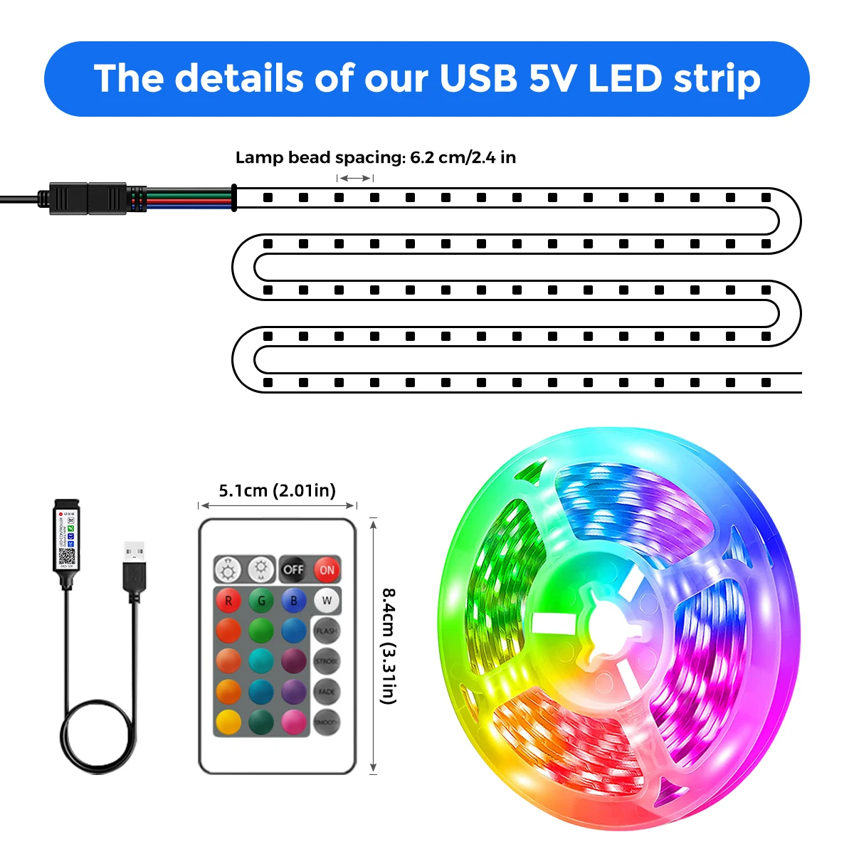 LED Strip Lights RGB 5050 ,5V 1M-30M,16 million colors, RGB , Led Strip Lighting Music Sync, Color Changing for Party Home-3