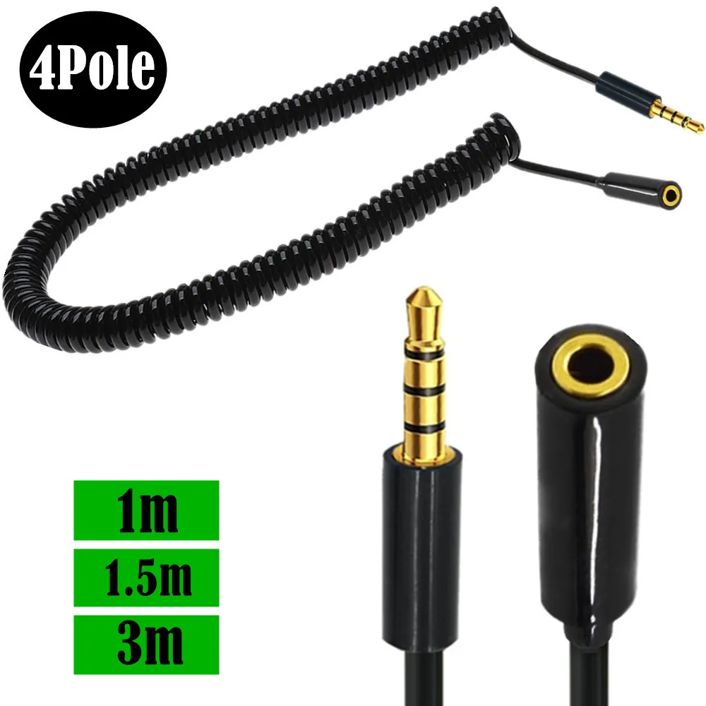 Rallonge Jack 3.5mm 4 3 Pole TRRS to TRRS Male to Female Headphone Stereo Audio AUX Spring Coiled Spiral Cable-3