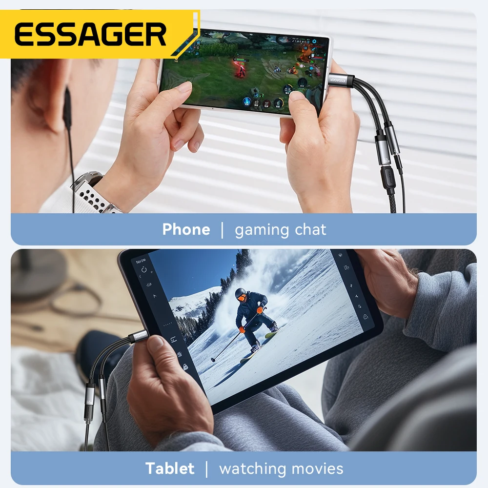 Essager 2 in 1 Type C to 3.5mm AUX Cable Headphone Adapter PD 60W Fast Charging for iPhone 16 15  Samsung Xiaomi 14 13 Tablet PC-5