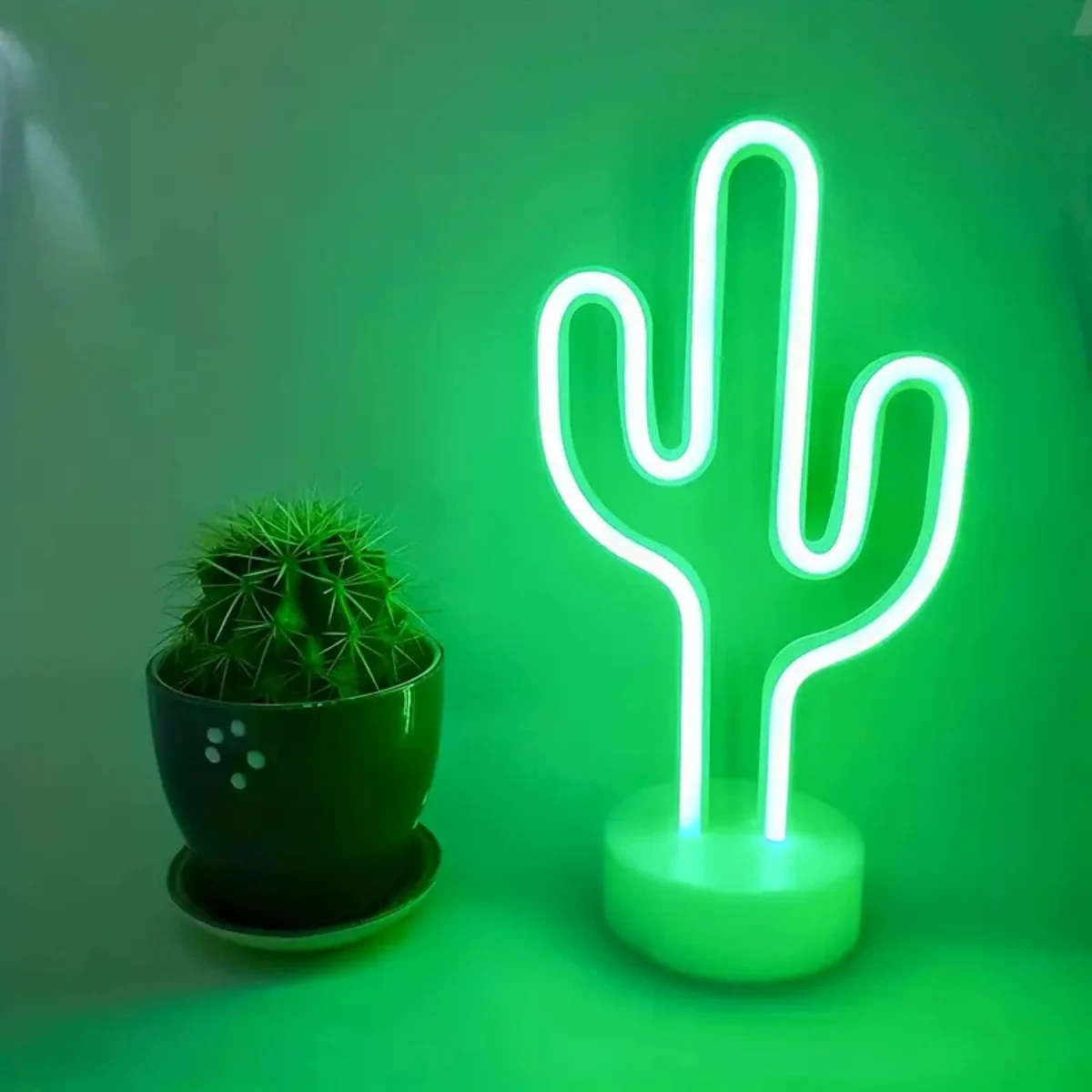 1pc Green LED Cactus Neon Light With Base Decorative Bedroom Light Desktop Night Lamp Suitable For Wedding Birthday Party Decor-6