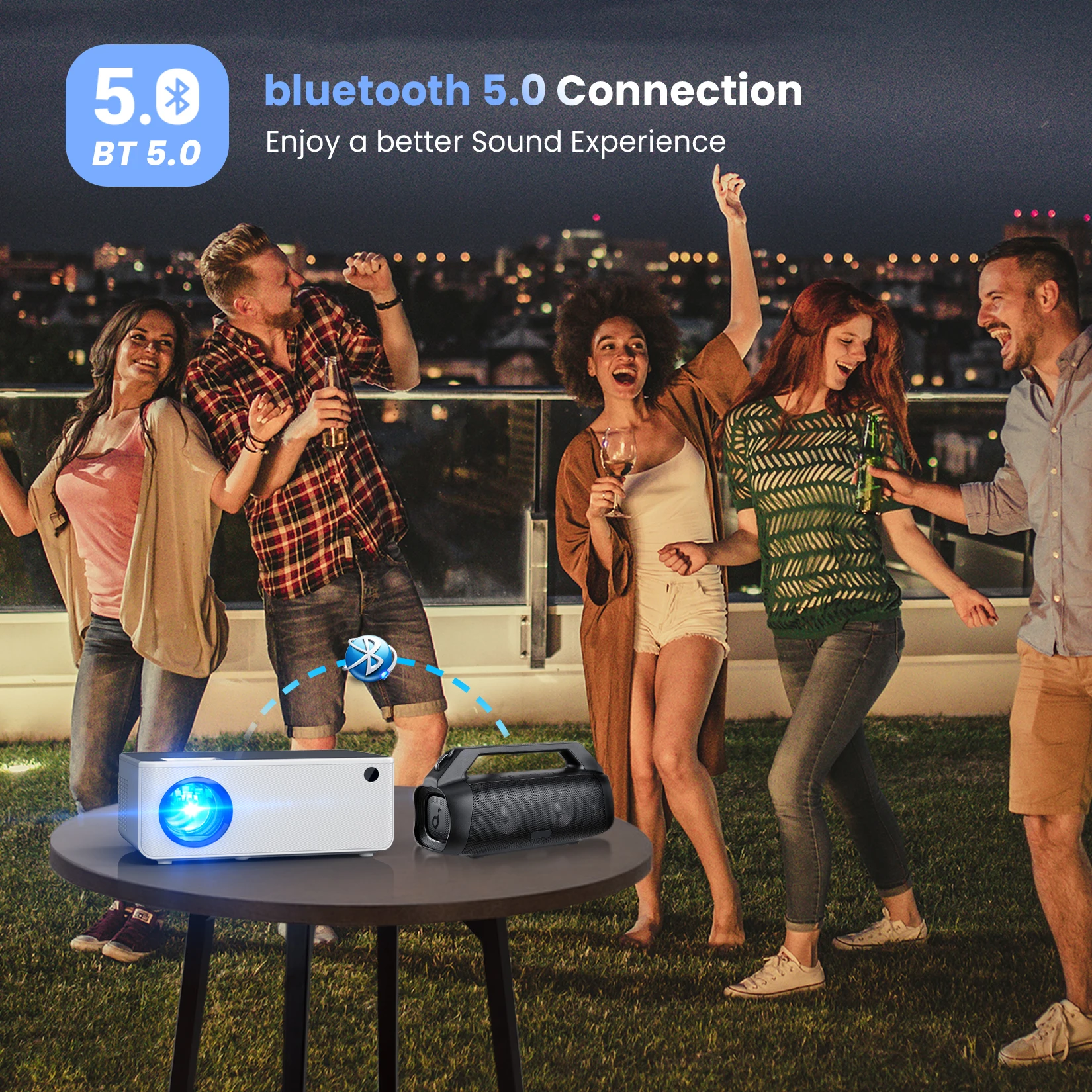 FANGOR Portable Outdoor 1200Ansi 4K Projectors Built-in Power Supply WiFi BT HIFI Theater Beamer Support iOS & Android HDMI USB-5