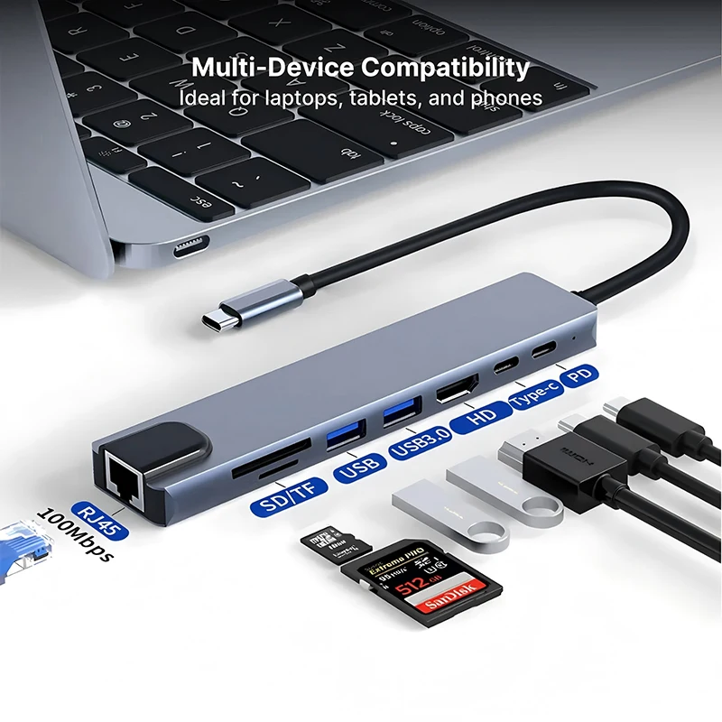 8 in1 USB C HUB 3.0 Type C Splitter 4K Docking Station Laptop Adapter PD SD TF For Macbook Air M1 iPad Pro RJ45 HDMI-Compatible-2