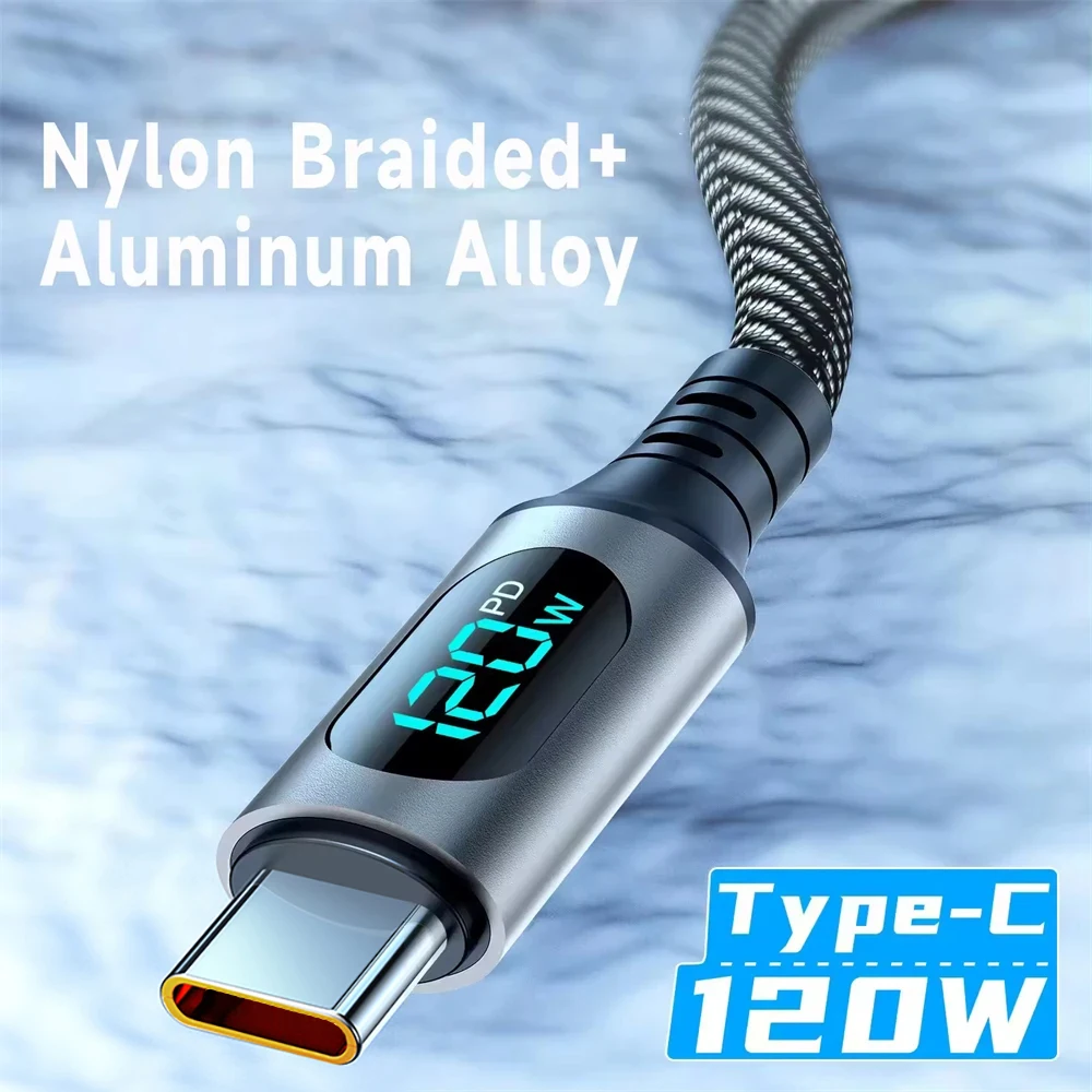 6A 120W USB A To Type C Super Fast Charge Cable Nylon Data Cord For Xiaomi Redmi POCO Samsung With Led Digital Display Cable-6