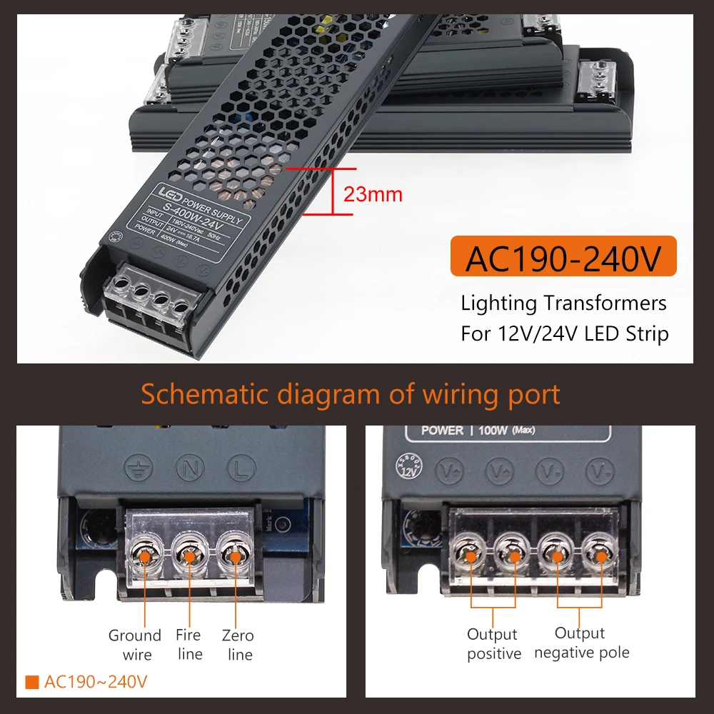 LED Lighting Transformers Driver 12V/24V Mute Power Supply Source 60W 100W 200W 300W 400W 190-240V Led Strip Converter Adapter-5