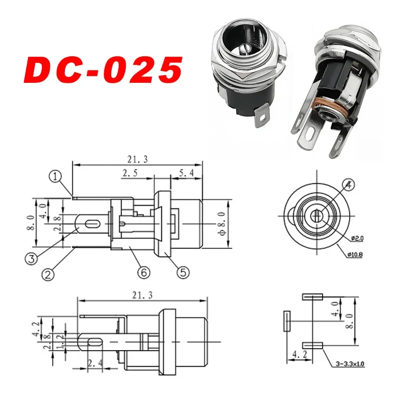 10Pairs DC Power Supply Jack Socket Female Panel Mount Connector 3-Pin 5.5x2.1mm 5.5mm*2.5mm Male DC Power Plug-5