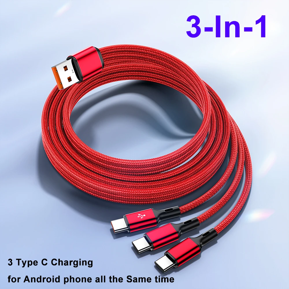 3 in1 USB to 3×Type - C Cable 100W 6A fast charge for Samsung S24 Xiaomi Huawei android phone usb c High-speed data transmission-4