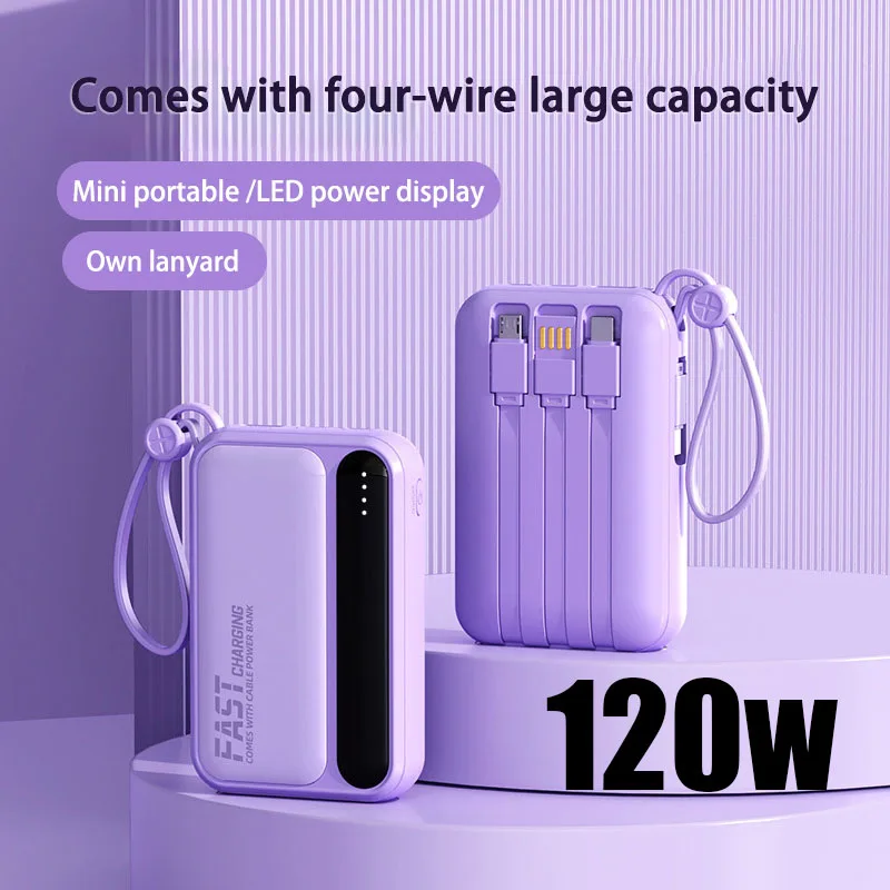 Portable Power Bank High Capacitybuilt-in 4 Cables Two-Way Fast Charging Mini Powerbank For iPhone Samsung 120W 100000mAh New-2