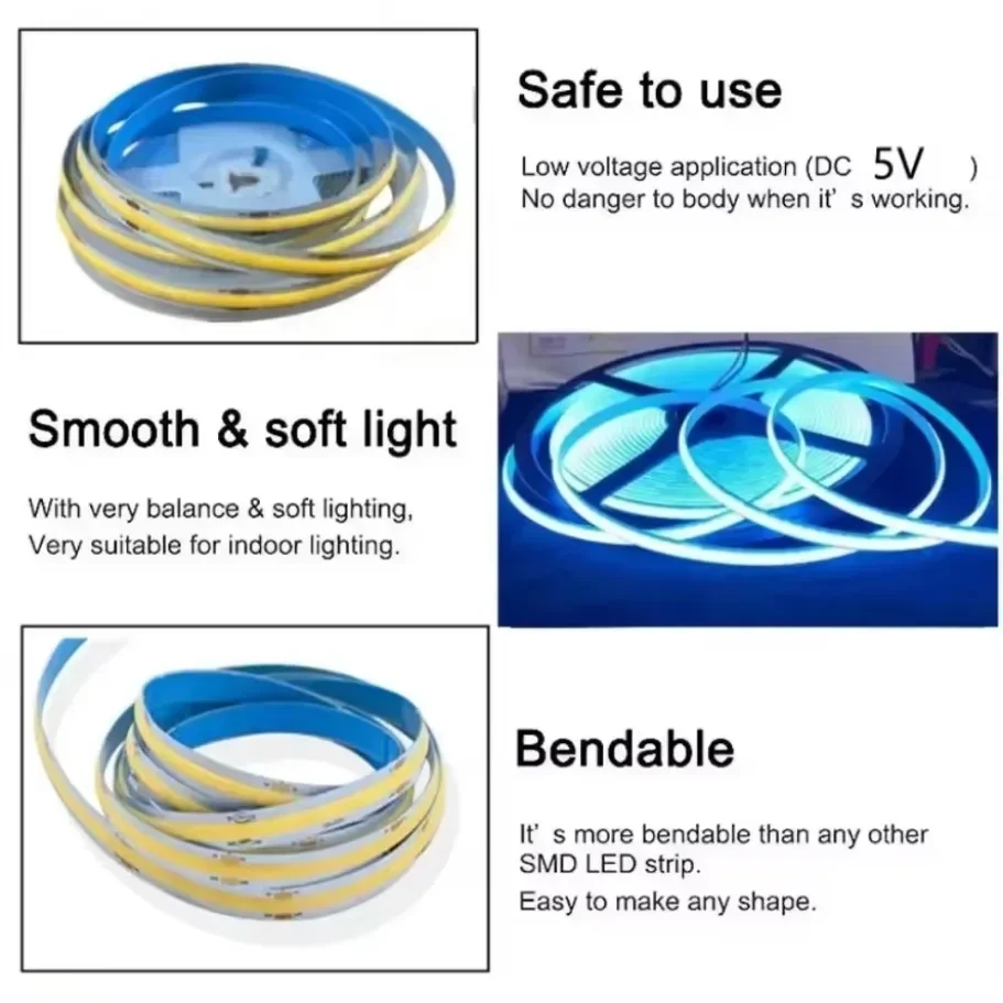 1-5M USB LED Strip Light 5V 320LEDs/M COB Touch Sensor Dimmable Lamp Tape DIY Mirror Backlight TV Kitchen Room Night Lighting-6