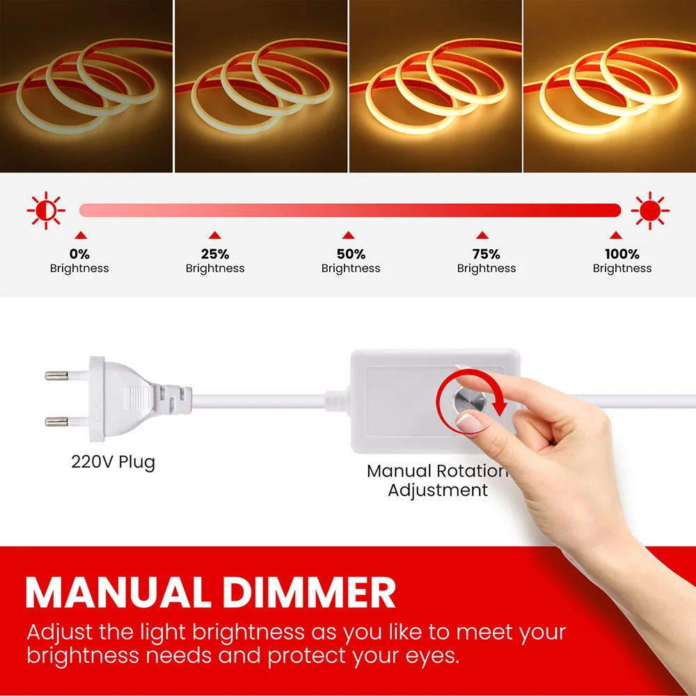 Dimmable COB LED Neon Strip Light with Adhesive Dimmer Power Plug 220V 230V 240LED Flexible Tape Lamp Waterproof Liner Lighting-2