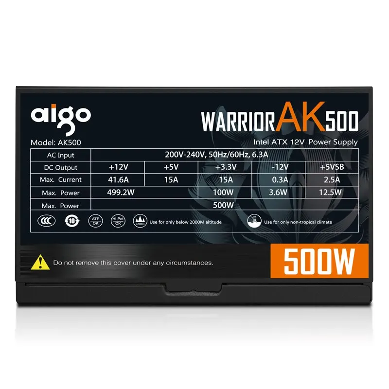 Aigo AK 500W PC PSU Power Supply Unit Black Gaming Quiet 120mm RGB Fan 24pin 12V ATX Desktop Computer Power Supply for BTC-2