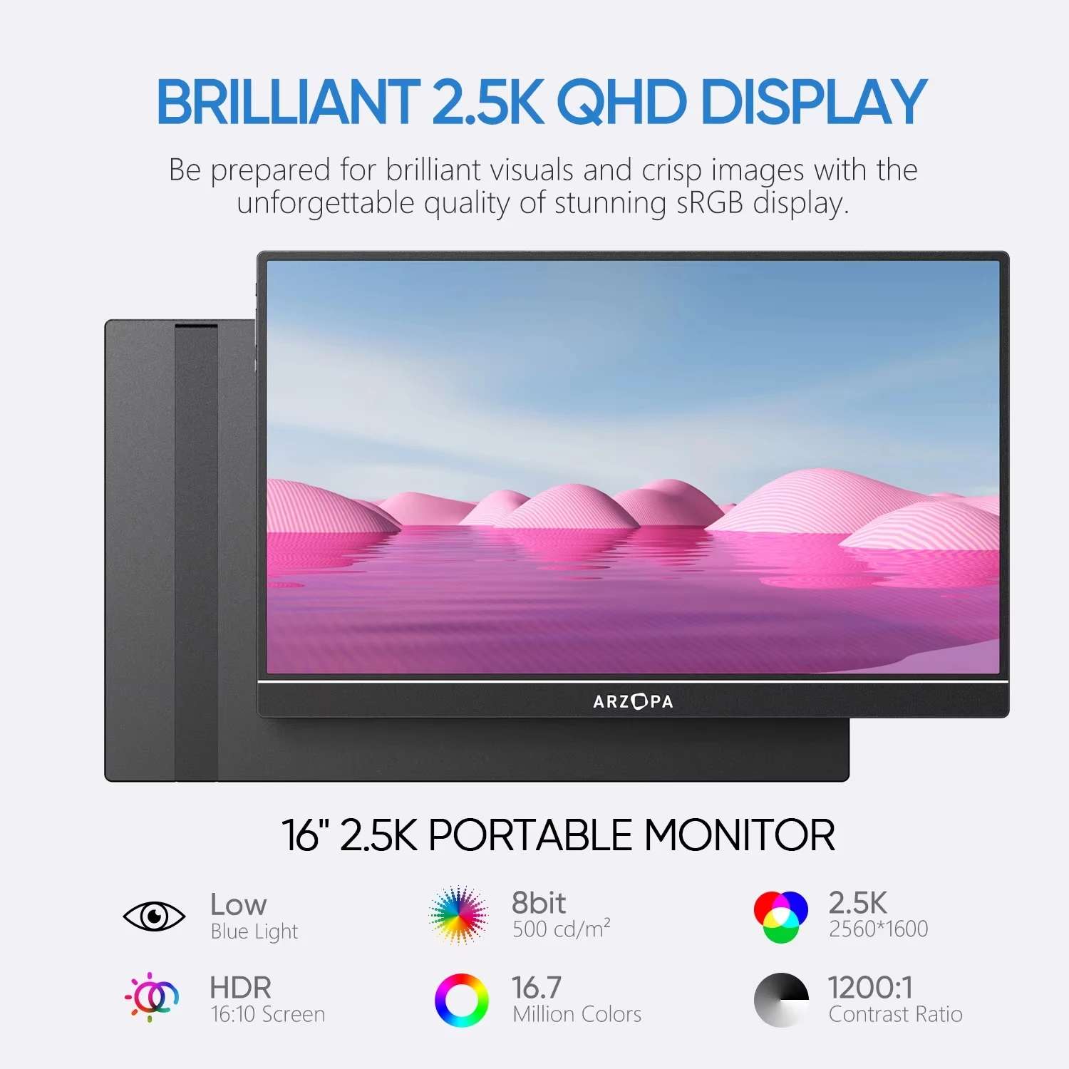 ARZOPA 16inch 2K Portable Monitor 16:10 IPS Screen with type-c mini hdmi Second Display for MAC/Laptop/PC/Xbox/PS4/5/Switch,Z1RC-3