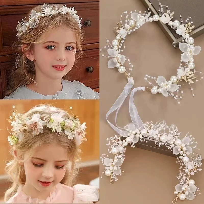 1pc Sweet Girl Pearl Hair Accessory Romantic Flower Wreath Children's Gift Girl Kawaii Jewelry Fashion Headband Hair Accessory-2