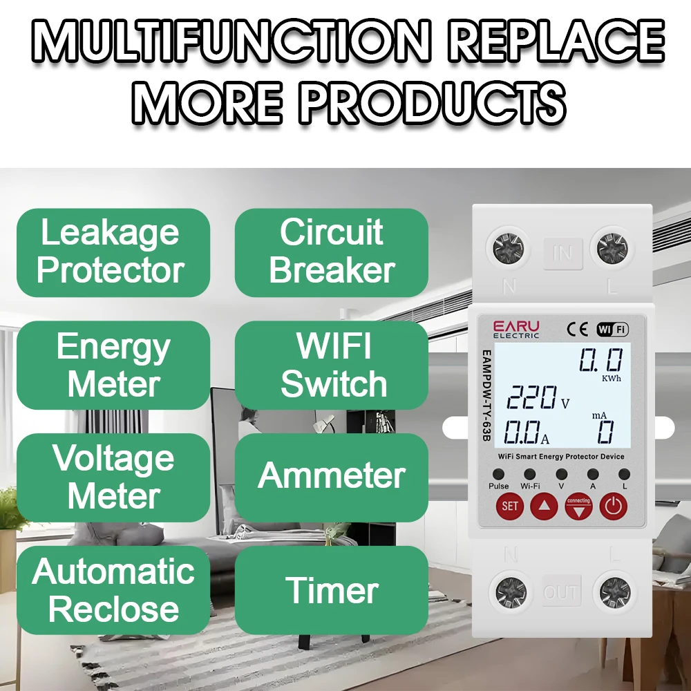 63A Tuya WiFi Smart Circuit Breaker Switch Energy Meter Metering Timer Relay Device With Voltage Current and Leakage Protection-3