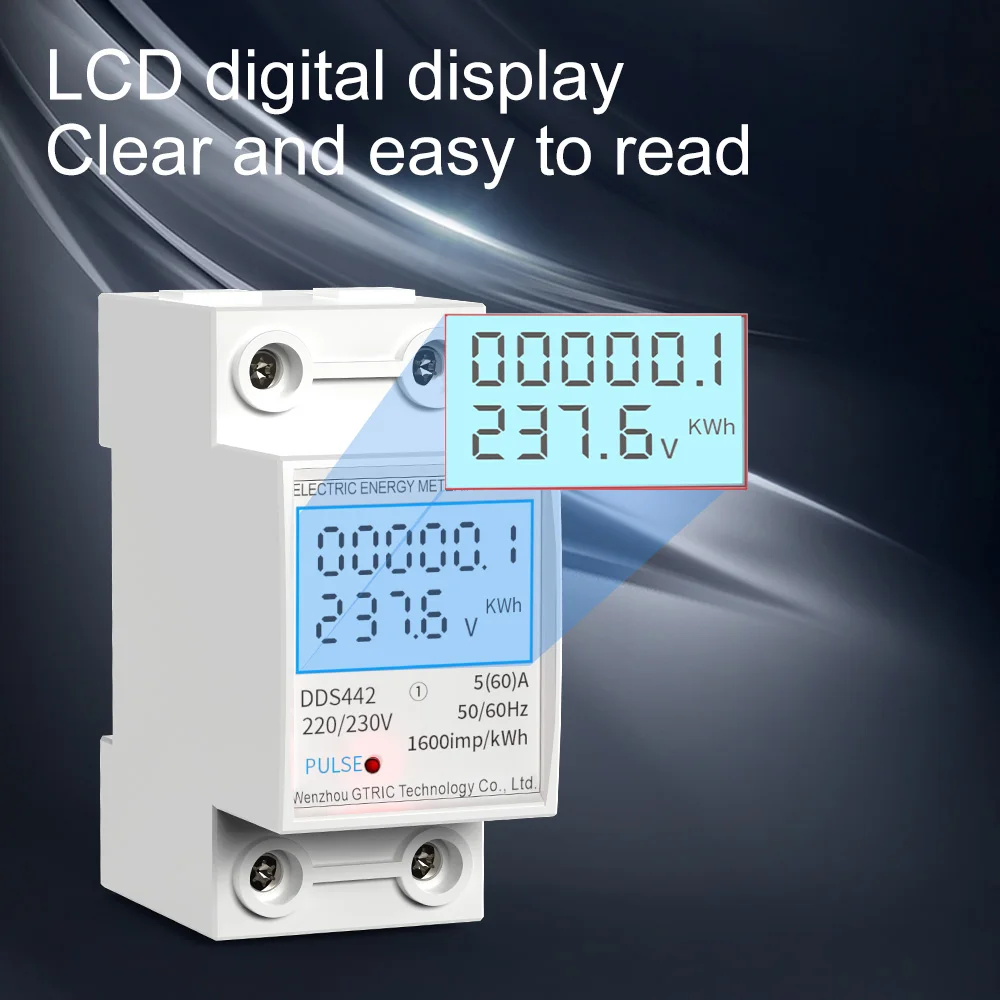GTRIC Electric Energy Meter 2P Single Phase  LCD Digital Display DIN Rail Mounting 2-wire Electric Meter Wattmeter AC 230V 50Hz-3
